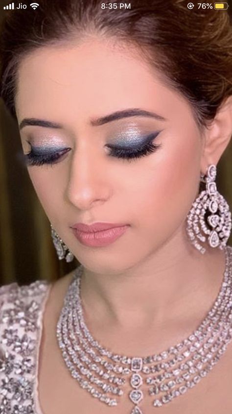 Makeup Look For Blue Lehenga, Blue Saree Makeup Look Simple, Sangeet Eye Makeup Look, Makeup On Blue Dress Indian, Blue Lehenga Eye Makeup, Sky Blue Saree Makeup Look, Eye Makeup For Blue Lehenga, Blue Saree Eye Makeup Look, Eye Makeup On Blue Lehenga