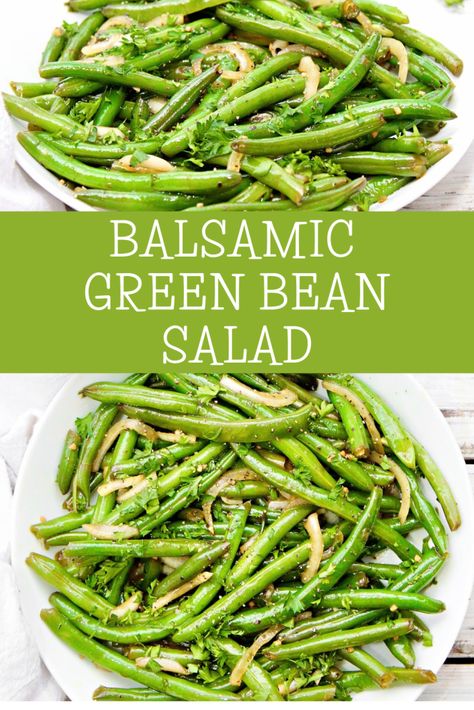 Balsamic Green Bean Salad ~ Crisp-tender green beans marinated in a simple balsamic dressing with fresh onion, garlic, and parsley. String Bean Salad Recipes, Summer Green Beans, Green Beans With Olive Oil And Garlic, Marinated Green Beans Cold, Green Salad With Balsamic Vinaigrette, Green Bean Salad Cold, Balsamic Green Bean Recipes, String Bean Salad, Fresh Green Bean Salad With Balsamic