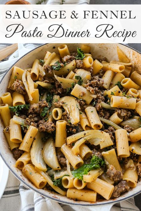 This Sausage and Fennel Pasta recipe is a cozy pasta recipe to begin the fall season. Packed with savory sausage and caramelized fennel, the two flavors come together into a beautiful dish that is perfect for family dinners. Visit Sugar Maple Farmhouse to find the recipe. Sausage And Fennel Recipes, Sausage And Fennel Pasta, Fennel Recipes Sauteed, Fennel Pasta Recipes, Pasta With Fennel And Sausage, Recipes With Fennel, Fennel Sausage Pasta, Pasta With Fennel, Cozy Pasta