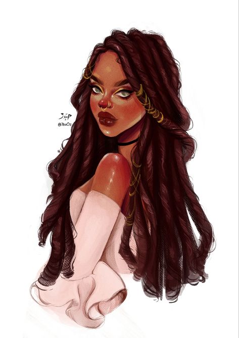 Dreadlocks Black Women Drawing, Dreadlock Art Drawing Black Women, Oc With Dreadlocks, How To Paint Dreadlocks, Dread Locks Drawing Hair, Woman With Dreads Drawing, Dreadlock Illustration, Dreadlocks Art Reference, Hair Dreads Drawing