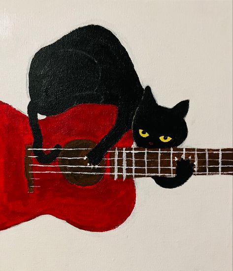 A Black Cat, A Black, Black Cat, Guitar, Music, Red, Animals, Black, Art