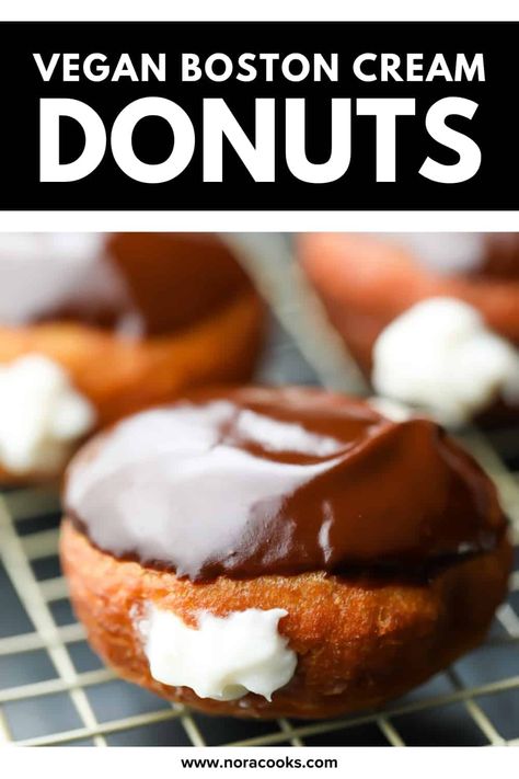 Vegan Boston Cream Donuts Vegan Vanilla Custard, Donuts Filled, Vegan Donut Recipe, Boston Cream Donut, Nora Cooks, Vegan Pastry, Vegan Doughnuts, Fry Bake, Vegan Pastries