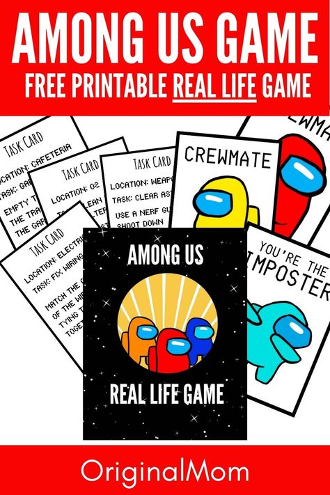 Among Us FREE Printable Game in Real Life! Play this super fun real life version of Among Us. It comes with printable tasks, character cards, printable puzzles that can be used for the tasks and more! We used this for an Among Us birthday party and the kids loved it. Game Room Printables Free, Among Us Task Ideas, Real Life Board Games, Among Us Board Game, Among Us Birthday Party Printables, Among Us Task Ideas In Real Life, Diy Among Us Real Life Game, Among Us Birthday Games, Free Printable Game Boards