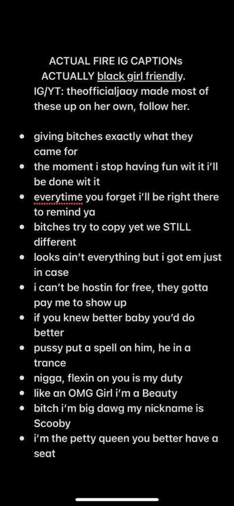 Baddie Prom Captions For Instagram, Insta Captions For Haters, All Black Outfit Instagram Caption, Petty Instagram Captions About Fake Friends, Ig Post Captions Self, Dark Skin Captions, All Black Instagram Captions, Jt Instagram Captions, Captions For Black Women