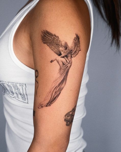 Angel Goddess Tattoo, Bird Angel Tattoo, Faceless Angel Tattoo, Angle Tattoo Women, Greek Sleeve Tattoos For Women, Angel Theme Tattoo, Angel Tattoo Realism, Wing Ridden Angel Tattoo, Angel Flying Tattoo