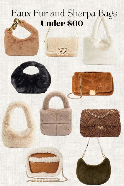 Collage of fuzzy and faux fur purses. Sherpa Purse Outfit, Sherpa Bag Outfit, Trending Purses Handbags 2023, 2023 Purse Trends, Sherpa Purse, Ladies Purses Handbags, Sherpa Bag, Fall Purses, Aesthetic Handbags