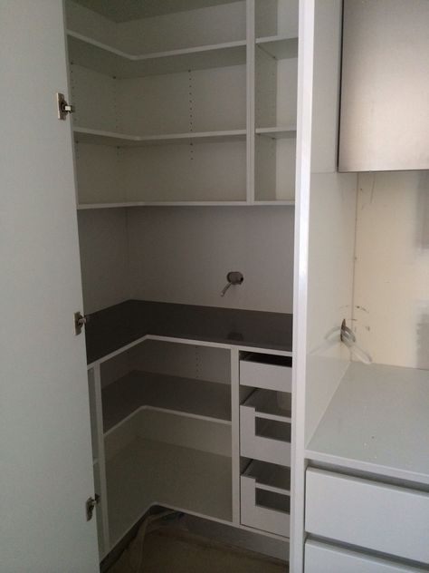 Blind Corner Pantry Solutions, Corner Pantry With Drawers, Corner Pantry Cabinet, Corner Kitchen Pantry, Pantry Closet Design, Pantry Layout, Kitchen Cabinetry Design, Corner Pantry, Pantry Remodel