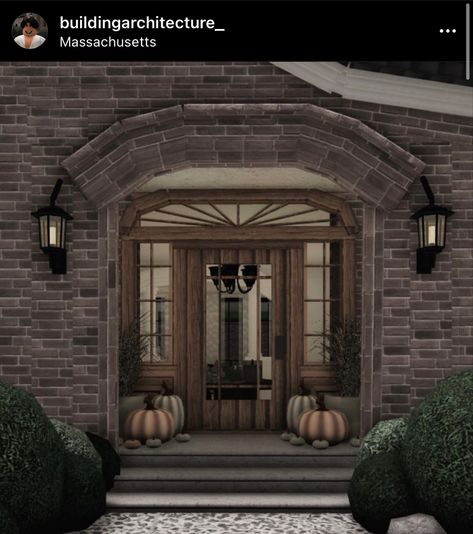 Bloxburg Houses Dark Acedemia, Detailed Bloxburg Exterior, Front Door Bloxburg, Bloxburg City Ideas Layout, Bloxburg Fireplace Ideas, Bloxburg Dark Academia House, Bloxburg Autumn House Exterior, Grunge Bloxburg House, Entrance Bloxburg