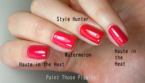 essie comparison :Watermelon-Lightest of the three. Style Hunter-The most red of the three, slightly darker than Watermelon. Haute in the Heat-A touch more raspberry than the other two, darkest of the three. Essie Haute In The Heat, Essie Red Nail Polish, Essie Watermelon, Small Nail Art, Opi Alpine Snow, Opi Collections, Opi Polish, Small Nail, Red Nail Polish