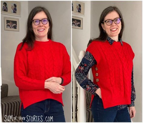 Diy Sweater Vest From Sweater, Repurpose Sweaters Ideas, Upcycle Vest, Sweater Repurpose, Diy Sweater Refashion, Refashion Sweater, Sweater Upcycle, Upcycled Sweaters, Upcycled Sweater