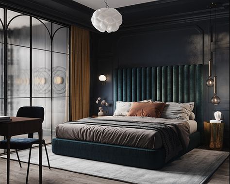 Bedroom on Behance Design Ložnic, Moody Bedroom, Cama King Size, Feminine Bedroom, Art Deco Bedroom, Dark Bedroom, Headboard Wall, Bedroom Accent, Accent Wall Bedroom