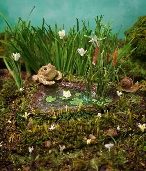 Miniature Nature Scene, Clay Pond, Resin Pond, Pond With Lily Pads, Miniature Nature, Terrarium Garden, Sculpture Inspiration, Rain Lily, Miniature Stuff