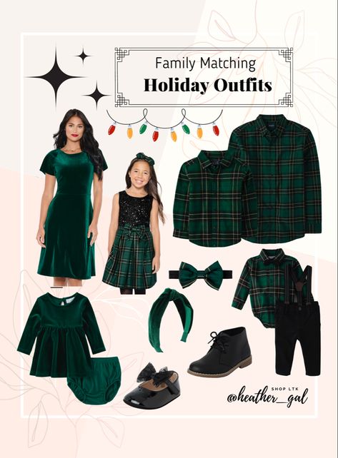 Holiday Matching Outfits, Green Plaid Family Photos, Green Plaid Christmas Outfit Family, Christmas Family Photos Green Outfits, Green Velvet Family Christmas Pictures, Green Christmas Family Outfits, Green And Black Christmas Outfit Family, Green Christmas Photo Outfits, Green Holiday Outfits Family