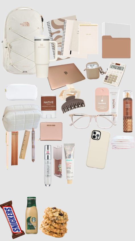 #crem and brown #school Neutral School Supplies Aesthetic, Beige School Supplies, Clean Girl School Supplies, Neutral School Supplies, Cute Stuff For School, Winter School Backpack, Vanilla Girl School Supplies, Aesthetic School Supplies Themes, Brown School Supplies