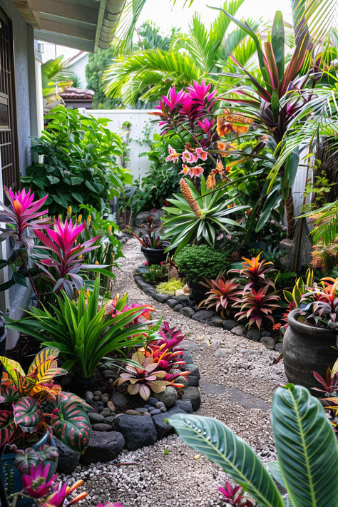 A collection of miniature tropical garden makeovers, featuring lush plants, vibrant flowers, and decorative elements to inspire your own tiny paradise. Narrow Tropical Garden, Florida Native Plants Landscapes, Bromeliad Landscaping Ideas, Tropical Pathway, Plant Nursery Ideas, Bromeliad Garden, Subtropical Garden, Front Garden Entrance, Small Tropical Gardens