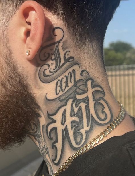 Neck Tattoos Women Lettering, Mens Neck Tattoos Writing, Neck Tattoo Font, Letter Neck Tattoo Men, Angle Neck Tattoo, Script Neck Tattoo Men, Word Face Tattoos, Neck Lettering Tattoo Men, Neck Tattoo Lettering