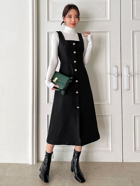 DAZY Zipper Back Overall Dress Without Tee Black Pinafore Outfit, Pinafores For Women, Black Overall Dress Outfit, Overall Dress Outfit Winter, Jean Overall Dress Outfit, Overalls Dress Outfit, Pinafore Dress Outfit, Vintage Pinafore Dress, Overall Dresses