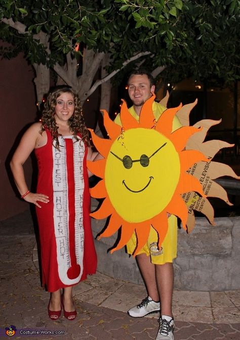 Michelle: Who: Couple's costume with my boyfriend Chris. The idea came from: Goodwill How To Make: Thermometer: Find any red dress. Cut out with felt the white thermometer and the red... Sun Custome Halloween, Sun Diy Costume, Orange Costume Ideas, Diy Sun Costume, Summer Costume Ideas, Sun Costume Diy, Sun Costume Women, Sun Halloween Costume, Cinderella Props