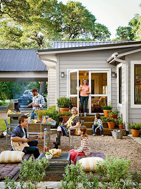 backyard | better homes & gardens Patio Edging, Pea Gravel Patio, Cottage Makeover, Concrete Patios, Gravel Patio, Pea Gravel, Chaise Lounges, Outdoor Entertaining Area, Pergola Designs