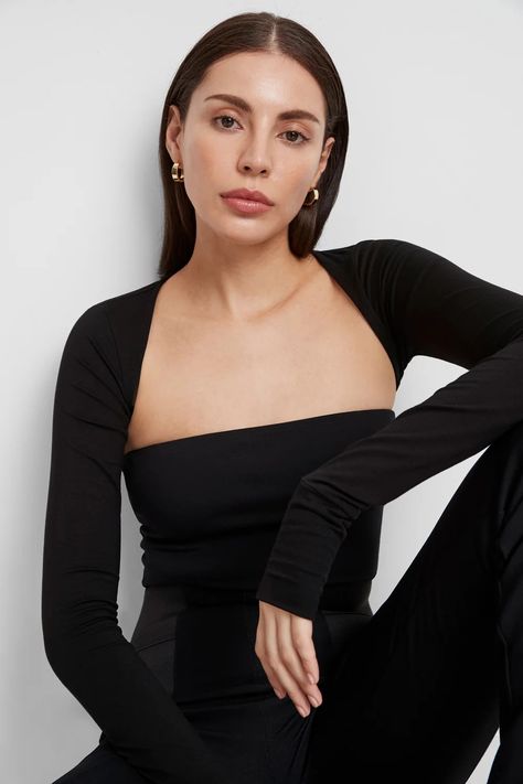 Black Long Sleeve Cropped Bolero Top - Leon Bolero | Marcella Sleek Chic Style, Long Sleeve Shrug, Bolero Top, Sleeve Shrug, Black Shrug, Shrugs And Boleros, Daily Mood, Ballet Clothes, Lean On