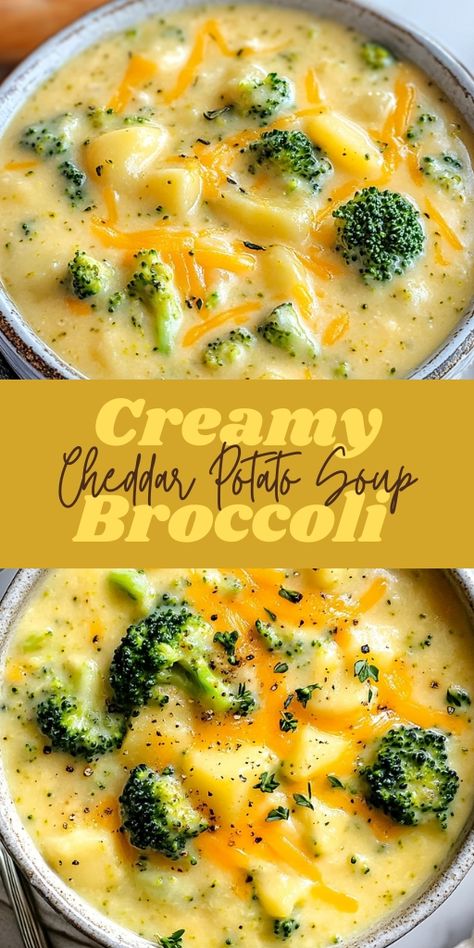 This Broccoli Potato Cheese Soup is the ultimate comfort food for those chilly evenings! 🥦🥔🧀 Creamy, cheesy, and packed with vegetables, this soup is perfect for a cozy dinner or meal prep. It’s hearty, satisfying, and guaranteed to warm you up.  📌 Save this pin to make a comforting broccoli potato cheese soup for your next cozy dinner! #BroccoliCheeseSoup #ComfortFood #EasySoupRecipes #HeartyMeals #CozyDinners #VegetarianRecipes Hashbrown Broccoli Cheese Soup, California Blend Cheese Soup, Cauliflower Cheese Soup Crockpot, Crockpot Cheddar Broccoli Potato Soup, Cheddar Brocolli Potato Soup, Vegan Cheesy Broccoli Potato Soup, Potato Soup Broccoli, Cheesy Potato Broccoli Soup Crock Pot, Broccoli Cheddar Soup No Flour