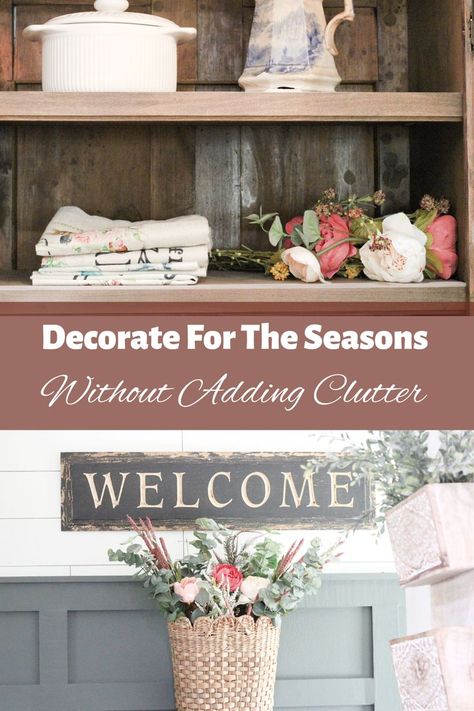 Close up of wood shelves with pillow covers folded in a pile and next to it pink spring florals in a pile, below it are the words; "Decorate For The Seasons Without Adding Clutter." Below it is a close up of a wicker basket with pink and green spring florals against a dark green board and batten wall. Simple Seasonal Decor, Minimalist Seasonal Decorating, Minimalist Seasonal Decor, Simple Holiday Decor, Winter Decorating, Not Love, Simple Holidays, Military Family, Seasonal Home Decor