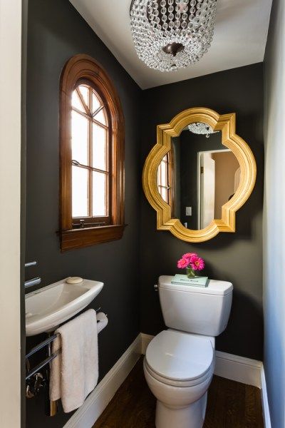 The best dark paint colour for a dark room, bathroom or basement, gray, brown, blue, green and more colors Powder Room Design Ideas, Manchester Tan, Downstairs Wc, Tiny Powder Rooms, Tiny Powder Room, Contemporary Powder Room, Dark Paint Colors, Powder Room Design, Bad Inspiration