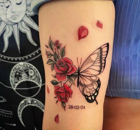 Unique Butterfly Rose Tattoo Designs, Red And Black Butterfly Tattoo, Forearm Cover Up Tattoos, Black Butterfly Tattoo, Rose And Butterfly Tattoo, Unique Butterfly Tattoos, Butterfly Tattoo On Shoulder, Shoulder Blade Tattoo, Rose Tattoos For Women