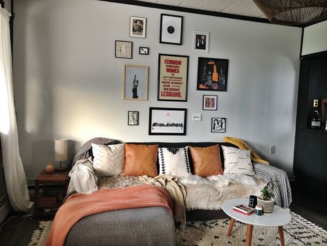 Comfy Couch. Throw Blankets. Throw Pillows. Modern Boho. Gallery Wall. Round Table. L Shaped Couch. Blankets On Couch Ideas, Blankets On Couch, Throw Pillows Modern, Couch Blankets, L Couch, Living Aesthetic, Blankets Throw, Shaped Couch, Blanket Couch