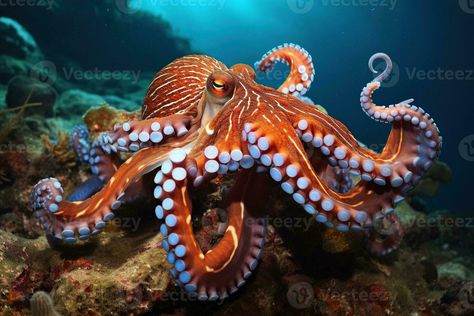 AI generated Octopus on the bottom of the sea. Close-up. Octopus Reference, Octopus Photography, Octopus Photos, Dr Doolittle, Octopus Animal, Octopus Images, Orange Octopus, Easy Sketches, Bathroom Mural