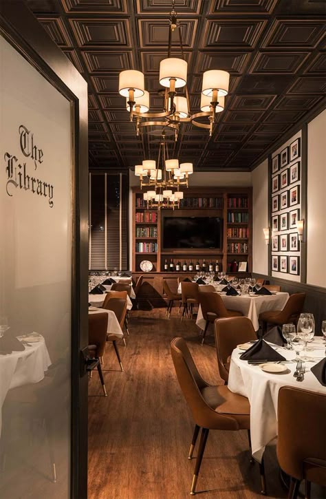 Low Ceiling Restaurant Design, Wooden Restaurant Design, Fine Dining Restaurant Interior Design, Steakhouse Design Interiors, Steakhouse Interior, Private Dining Room Restaurant, Brown Restaurant, Catherine Cowles, Library Restaurant