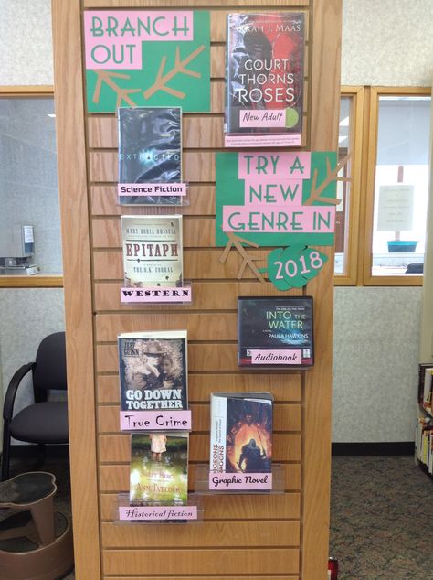 Try a new genre library display | public library display (no link, just pic) | Centralia Public Library, Centralia MO Public Library Displays, Library Displays Public, January Library Displays, Public Library Programs, January Book, Library Decorations, Passive Programs, Graphic Organizer Template, Library Programming