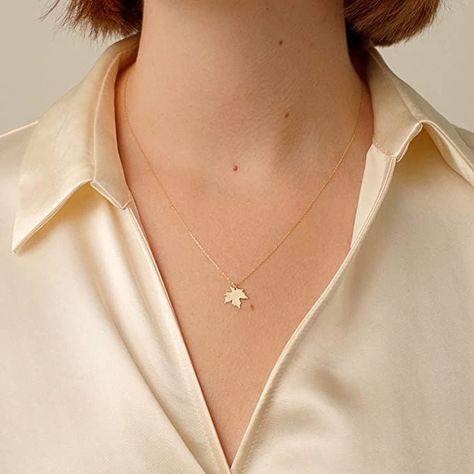 GELIN 14K Yellow Gold Flower Necklace for Women Fall Necklaces, Canada Leaf, Maple Leaf Necklace, Canadian Maple Leaf, Fine Gold Jewelry, Real Gold Jewelry, Canadian Maple, Solid Gold Chains, Meaningful Jewelry