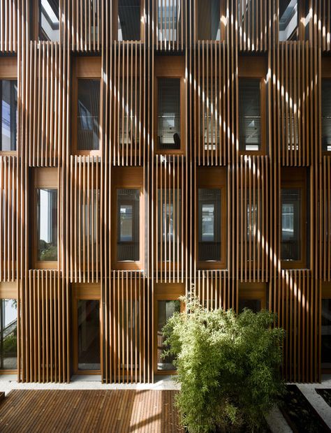 Burgos & Garrido arquitecto Wood Louver, Facade Pattern, Wood Facade, Wooden Facade, Timber Architecture, Wood Architecture, Wood Cladding, Timber Cladding, Building Facade