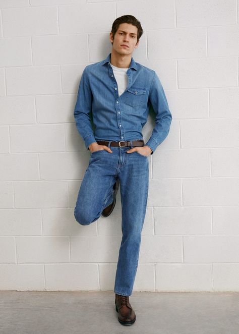 Mango Men ‘Grand Canyon Boy’ Style Edit | The Fashionisto Denim On Denim Outfit Men, Mens Denim Shirt Outfit, Big Guy Style, Mango Men, Full Denim Outfit, Men Vintage Style, Denim Shirt Outfit, Denim Outfit Men, Man Looks