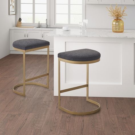 Madison Park Marc Charcoal/ Antique Gold Counter Stool - On Sale - Bed Bath & Beyond - 32824622 Counter Stools Backless, Backless Bar Stools, Wood Counter, Madison Park, Antique Metal, Gold Wood, Upholstered Seating, Upholstered Furniture, Dining Decor