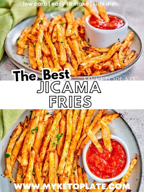 Jicama Fries Air Fryer, Jimaca Recipes, Jicama Recipe, Jicama Fries, Keto Side, Keto Tips, Low Carb Side Dishes, Fries In The Oven, Tasty Bites