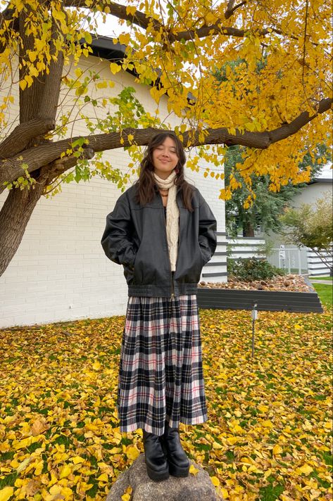 Maxi Outfit Winter, Plaid Maxi Dress Outfit, Scarf And Skirt Outfit, Maxi Skirt Leather Jacket Outfit, Midi Skirt And Jacket Outfit, Long Plaid Skirt Outfit Aesthetic, Long Skirt Jacket Outfit, Plaid Pleated Maxi Skirt Outfit, Maxi Skirt Plaid