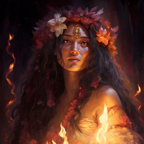 Polynesian Character Art, Pele Hawaiian Goddess, Polynesian Aesthetic, Polynesian Goddess, Goddess Of Fire, Hawaiian Goddess, Goddess Art, Fantasy Aesthetic, Fantasy Inspiration