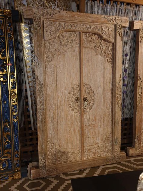 Balinese Solid Timber White Washed Doors with Frame | baligarden Bali Garden, Entrance Door Design, Tropical Oasis, Timber Door, Carved Doors, External Doors, Entrance Doors, Balinese, White Wash