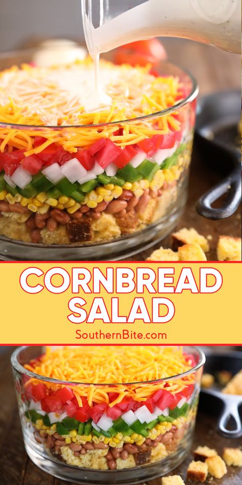 Cornbread Salad Cold Cornbread Salad, Layered Cornbread Salad, Southern Cornbread Salad, Cornbread Dishes, Hot Water Cornbread, Cornbread Salad, Recipes Southern, Southern Cornbread, Salad Salad