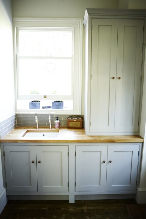 Cabinets conceal dishwasher, washing machine and boiler. Undermount sink.  Worktop in French planked Oak  www.burlanes.com © All rights reserved Hidden Boiler Bathroom, Boxed In Boiler Ideas, Box In Boiler Ideas, Boiler In Kitchen Cupboard, Built In Boiler Cupboard, Boiler Cover Ideas, Boot Room Utility, Utility Room, Downstairs Bathroom