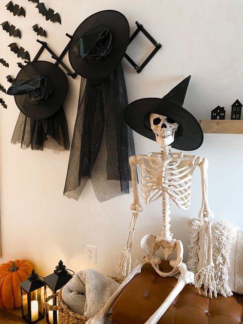 Skeleton Entryway, Hanging Witch Hats, Halloween Entryway Decor, Paper Bats, Life Size Skeleton, Halloween Entryway, Witch Skeleton, Paper Bat, Entryway Decor Ideas