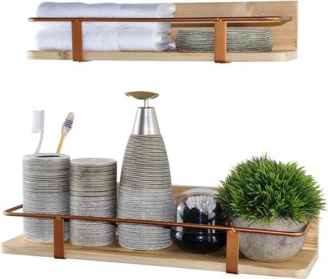 Spiretro Floating RV Shelves - Rustic Wood with Metal Rail - Set of 2 (Large & Small) - Beige - Bathroom Living Room Bedroom Kitchen Closet Decor Shelves With Rail, Home Office Shelves, Kitchen Closet, Beige Bathroom, Closet Decor, Rustic Wood Walls, Closet Kitchen, Rv Decor, Large Shelves