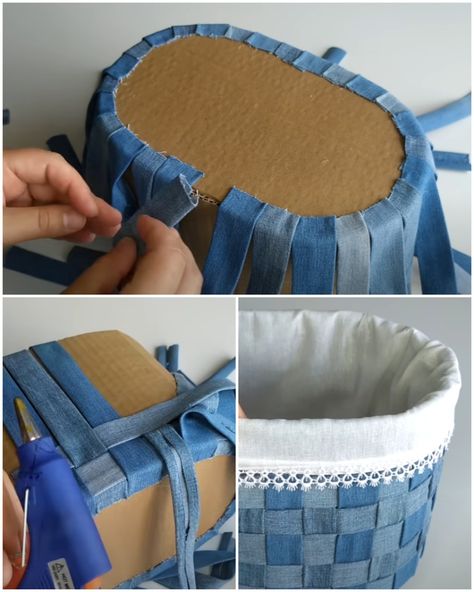 Jean Basket Diy, Crafts Made From Old Blue Jeans, Upcycling Fabric Ideas, Upcycle Baskets Ideas, Old Denim Jeans Upcycle, Basket Upcycle Ideas, Upcycle Baskets, Jean Basket, Repurpose Old Jeans