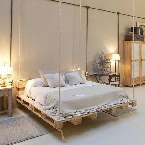 DIY pallet bed ideas - Practical and stylish ideas for comfortable sleeping area | My desired home Bed Made Out Of Pallets, Wooden Pallet Beds, Pallet Bed Frames, Pallet Bed Frame, Design Ložnic, Diy Pallet Bed, Hiasan Bilik Tidur, Pallet Beds, Hanging Furniture