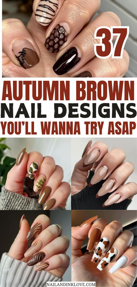 autumn brown nails, square brown nails, brown nail art, aesthetic brown nails, fall nails, fall nails 2024 Brown Nails Fall Art Designs, Square Brown Nail Designs, Fall Brown Ombre Nails, Brown And Black Nails Ideas, Brown Comic Nails, Brown And Light Brown Nails, Brown French Manicure Square, Brown And White Fall Nails, Autumn Coffin Acrylic Nails