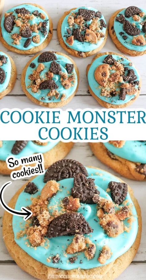 Crumbl Cookie Monster Copycat, Halloween Crumble Cookies, Cookies That Look Like Food, Cookie Recipes For Cookie Exchange, Space Cookie Cake, Crumbl Brownie Cookie, Cookie Monster Food Ideas, Blue Cookie Monster Cookies, Over The Top Cookies