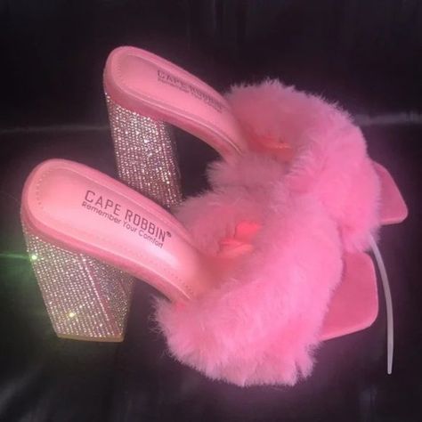 Cape Robbin | Pink fur Silver rhinestone bling chunky heel sandal Chic Pink Heels With Rhinestones, Pink Heels With Rhinestones For Event, Pink Rhinestone Sandals, Pink Rhinestone Heels For Cocktail, Pink Fur Heels, Charm Necklace Diy, Living Barbie, Pink Platform Heels, Rhinestone Outfit