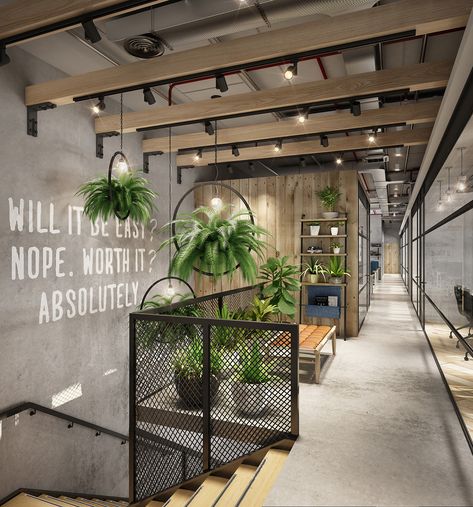 Industrial Design Studio Workspace, Modern Offices Corporate, Industrial Offices Workspaces, Industrial Corporate Office Design, Industrial Company Design, Office Design Industrial Modern, Urban Office Design Industrial Style, Fitness Office Design, Office Ideas Industrial Style